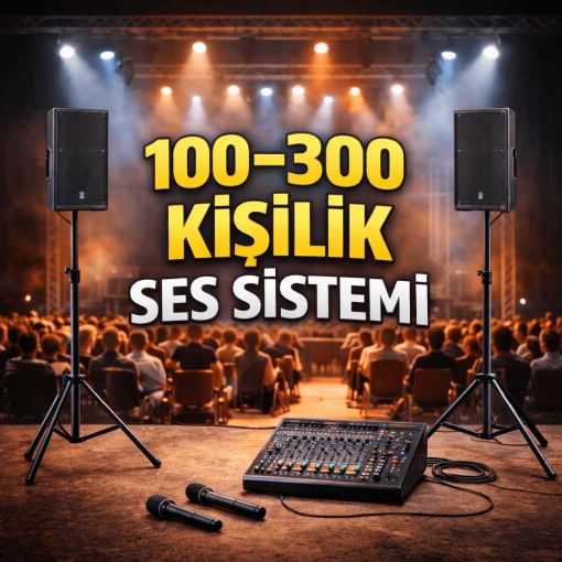 Ankara’da 100–300 kişilik kapalı alan organizasyonu için kurulan 2 adet ayaklı hoparlör, profesyonel mikser ve kablosuz mikrofonlu kiralık ses sistemi kurulumu