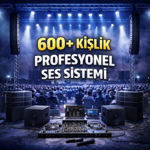600+ kişilik büyük organizasyon için line array kule ve subwoofer destekli profesyonel ses sistemi kurulumu