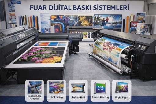 Fuar alanında sergilenen büyük ebat dijital baskı makineleri, UV baskı ve roll to roll banner üretim sistemleri.