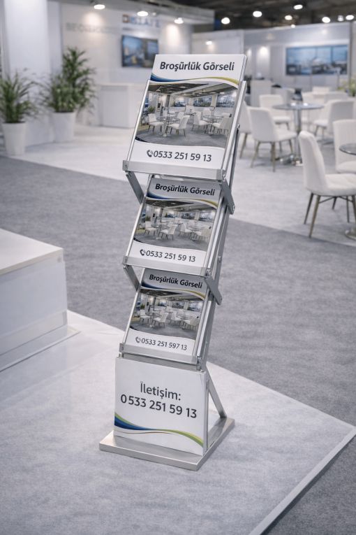 Fuar standı için kiralık ayaklı broşürlük ve katalog standı.