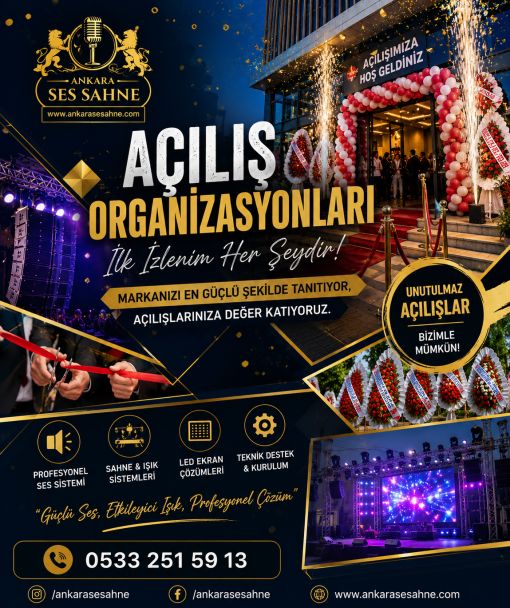 Ankara’da açılış organizasyonları için profesyonel ses sistemi, sahne, ışık ve LED ekran kiralama hizmetlerini gösteren tanıtım görseli.
