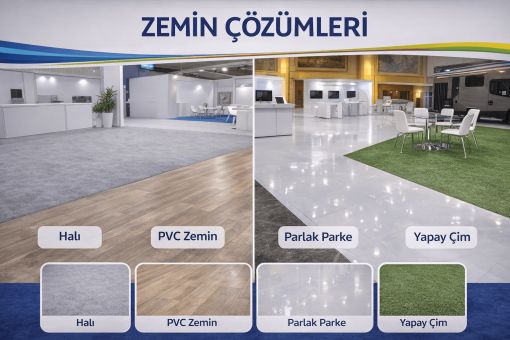 Fuar standları için halı kaplama, PVC zemin, parlak parke ve yapay çim uygulama örnekleri.